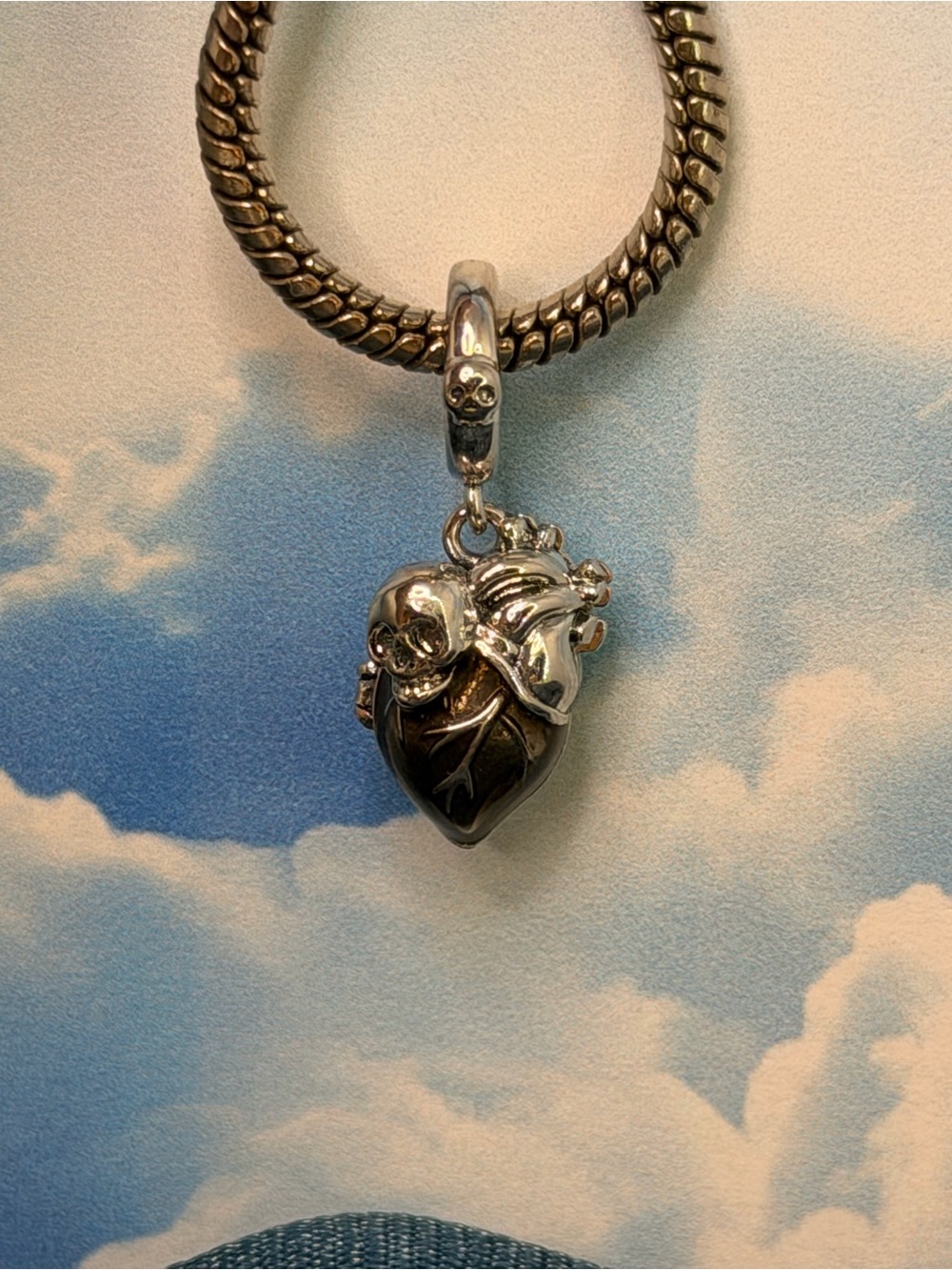 Sterling silver openable black heart skull ruby red heart charm pendant